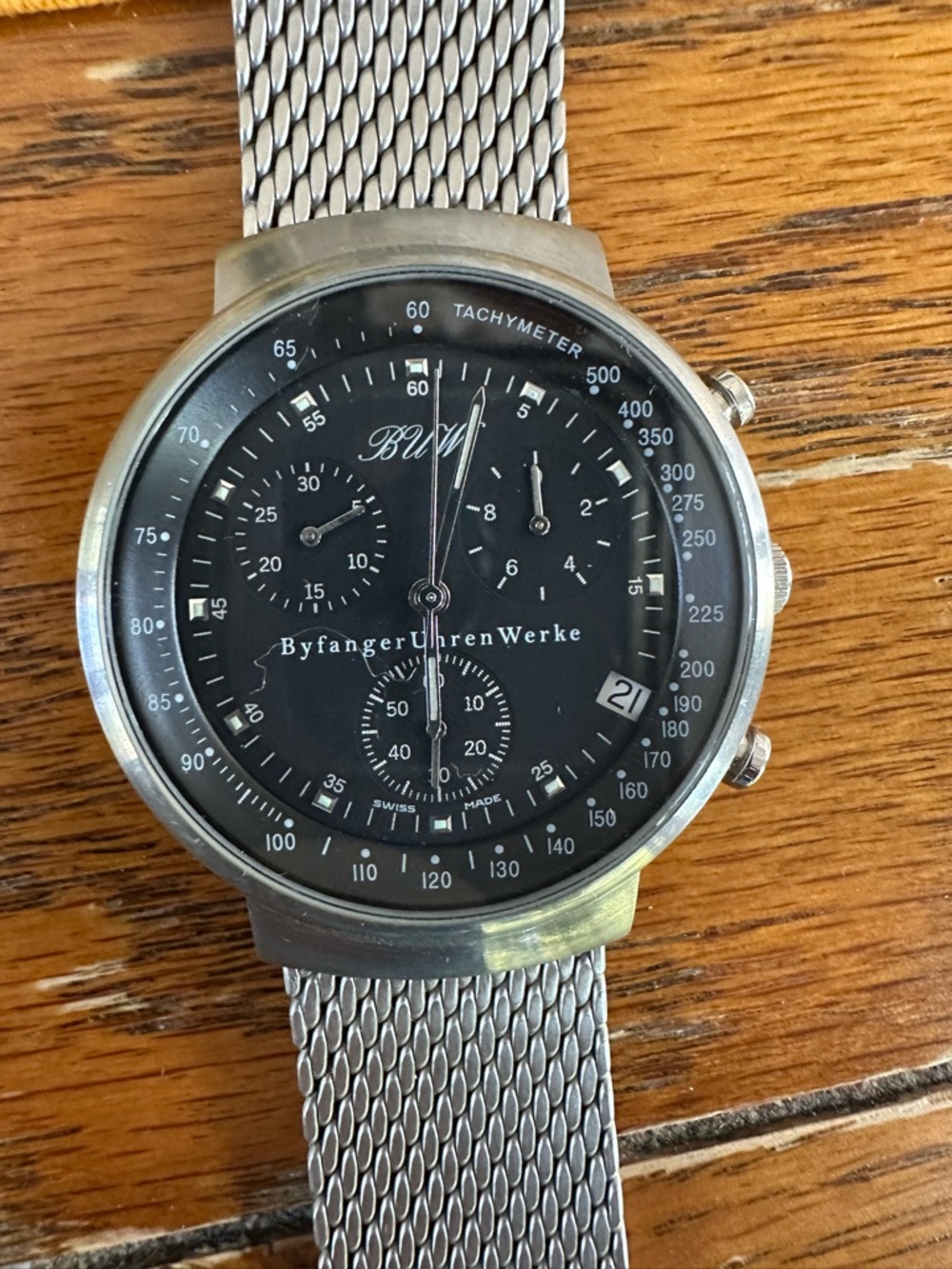 Byfanger Uhren Werke Swiss Made black chronograph watch featuring mesh band VGUC - Picture 2 of 8